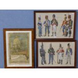 Two sets of military uniform watercolours and a WWI Belgian certificate