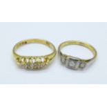 Two 18ct gold and diamond rings; one five stone hallmarked London 1900, 2.