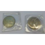 Two silver coins, Victorian 1887 and Edwardian 1902 half crowns,