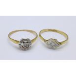 Two 18ct gold and diamond rings, total weight 3.