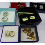 Cufflinks including a pair of 9ct gold on silver and fishing flies, etc.