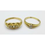Two 18ct gold and diamond rings, total weight 5g, P and Q,