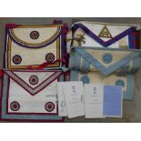 Four Masonic aprons and case with ephemera from Wyley Lodge,