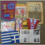 A collection of football pennants including Aston Villa signed, ticket stubs, etc.