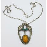A Georg Jensen silver necklet set with amber and green stones, marked 830,