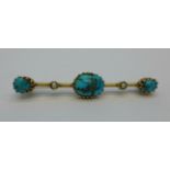 A yellow metal, pearl and turquoise brooch, 3.