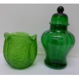 A green glass bowl and green glass lidded jar