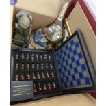 A Battle of Waterloo chess set and board, two resin figures, aneroid barometer, etc.