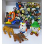 Childrens TV figures including Corgi Toys Magic Roundabout vehicle, Smurfs, Snoopy, etc.