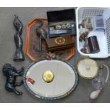 A Barbola mirror, a/f, Estee Lauder compact, musical powder pot, scent bottle, a bronze bird,