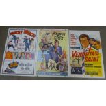 Three film posters; One Spy Too Many and Helicopter Skies, 68 x 104 and Vendetta For The Saint,