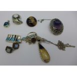 A silver, marcasite and Blue John brooch, clasp a/f and other Blue John set jewellery, etc.