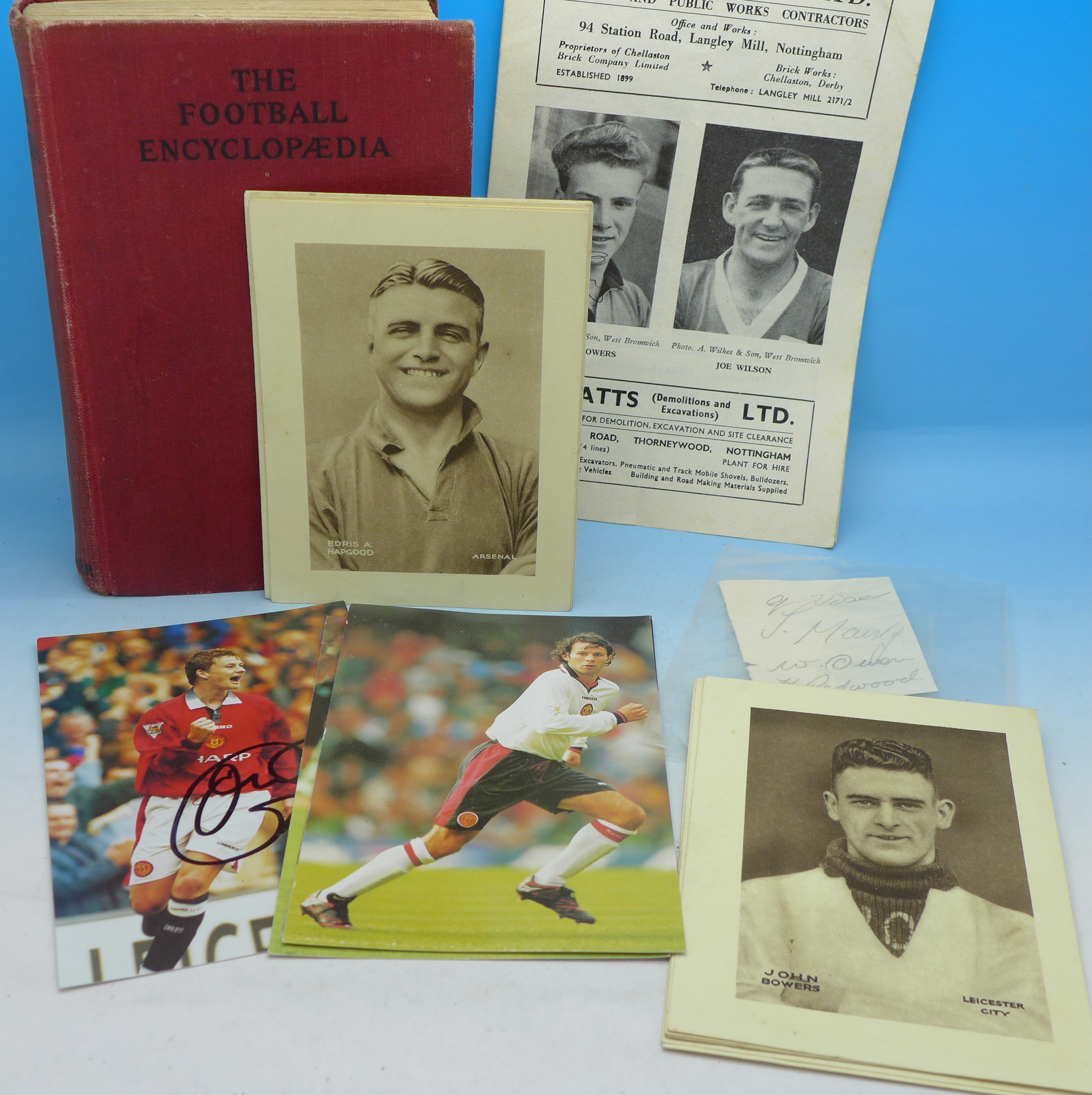 A 1930's Football Encyclopedia, Manchester United pictures, one signed,