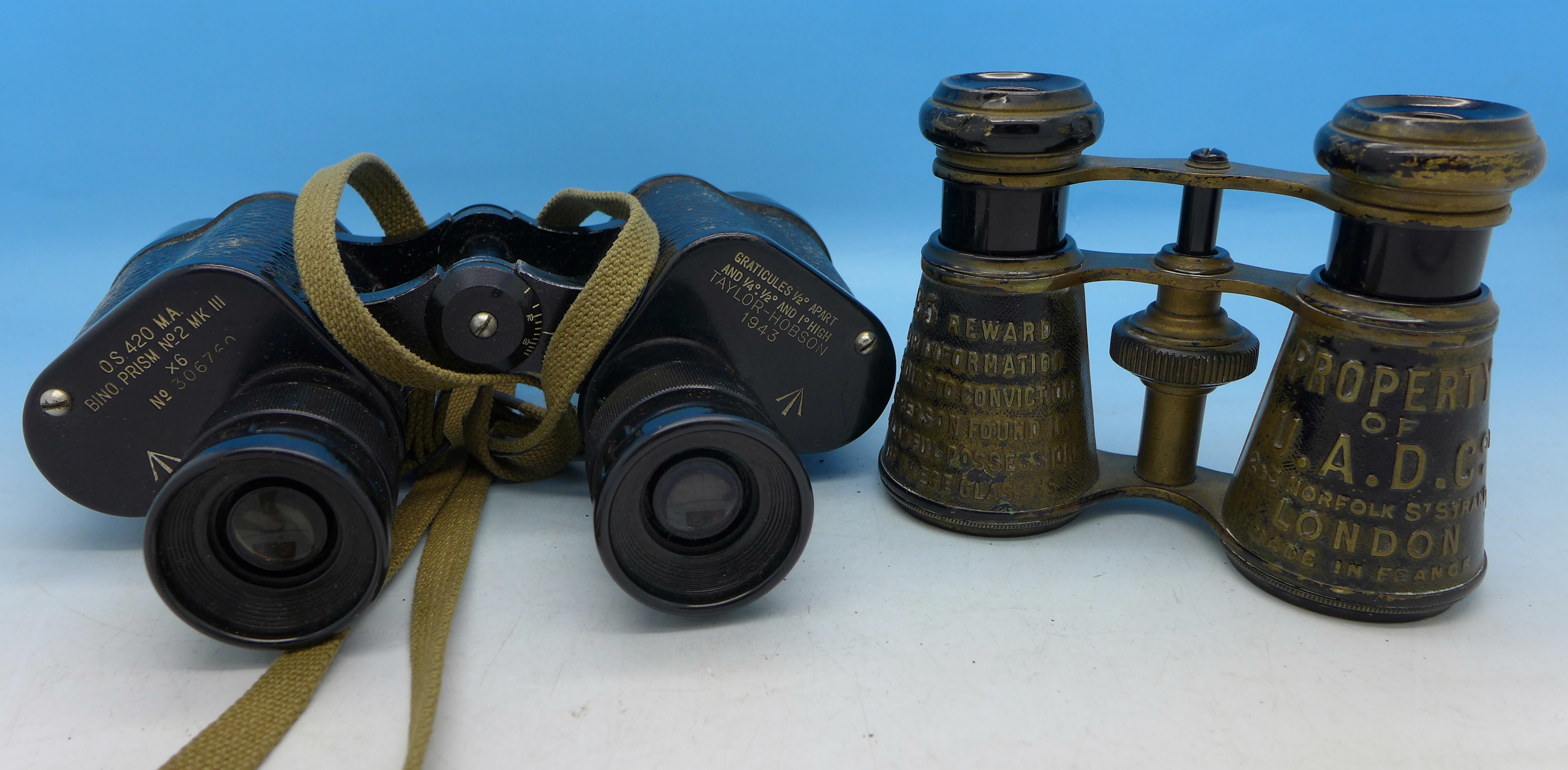 A pair of WWII Taylor-Hobson x6 binoculars and a pair of opera glasses with Property of U.A.D.C.