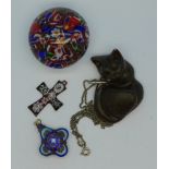 A paperweight, a millefiori cross pendant,