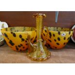 A pair of Maestr Vetrai tortoiseshell pattern glass vases and an amber glass jug (3)