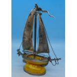 A silver and amber set model sailing ship, total weight 52.2g, height 11.