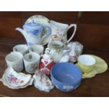 Assorted decorative china including Royal Albert Gossamer, Shelley coffee pot, Royal Doulton figure,