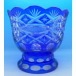 A Bohemian blue glass vase, chip to inner rim,