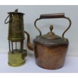 A copper kettle and a Protector miner's lamp by Eccles,