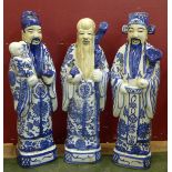 Three Chinese blue and white figures of elders with character mark to base