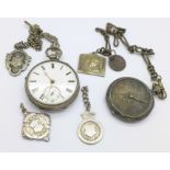 Two silver pocket watches, two Alberts and two silver fobs,