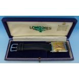 A Longines rectangular cased 18ct gold cased wristwatch, serviced 2017, boxed,