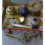 A brass inkwell, a glass inkwell and dip pot, brass keys, etc.