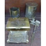 Three pieces of trench art and three other items of brass,