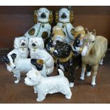 Two pairs of Staffordshire mantel dogs, three other model dogs, a horse and two lustre baby figures,