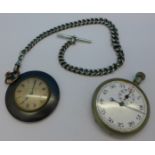 A gun metal cased pocket watch, a stopwatch, a/f,