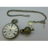 A silver pocket watch, the dial marked Edward Geneve, a silver Albert with a WWI fob and a whistle,