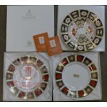 Two Royal Crown Derby 1128 pattern commemorative plates, boxed and a 2451 pattern plate,