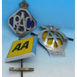 Two AA badges and a RAC badge