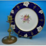 A Royal Crown Derby cabinet plate and a brass candlestick set with three Wedgwood Jasperware