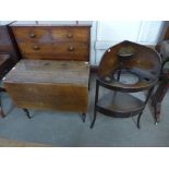 A George III mahogany corner washstand and an oak drop-leaf table