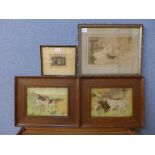 Two over painted photographs of gun dogs, photograph of dogs and an engraving of St.