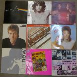 A collection of LP records; Pink Floyd, The Doors, The Cramps, New Order,