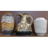 Two West German pottery vases with a large West German pottery ewer by Dumler & Breiden,