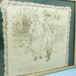 A framed Victorian dressing table silk and lace mat with pen and ink drawing