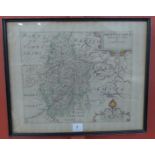 A 17th Century Christopher Saxton and Wilhelmus Kip hand coloured engraved map, Notingamiae, framed,