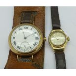 A 9ct gold cased Waltham wristwatch, lacking button,