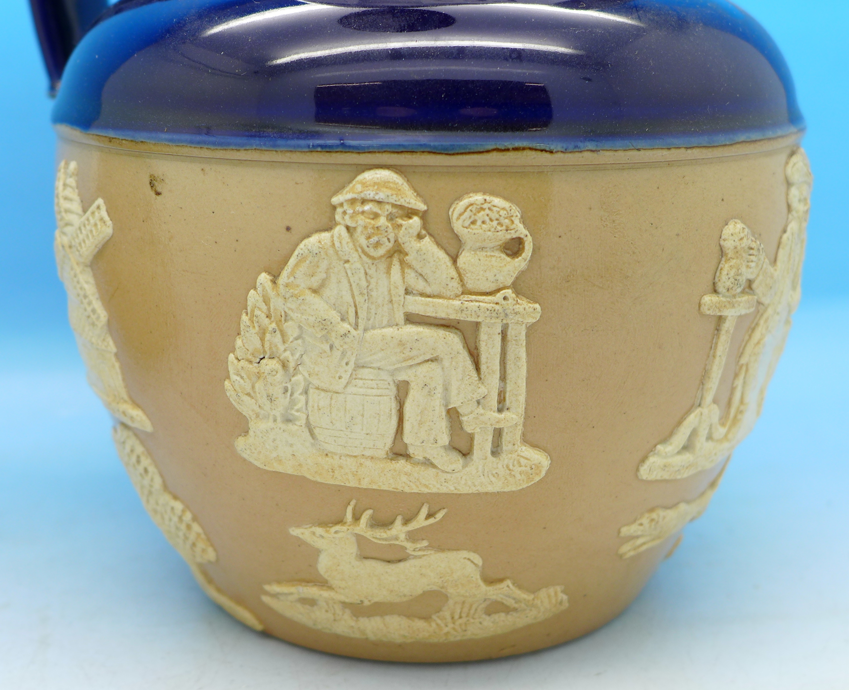 A Doulton Lambeth hunting and tavern scene relief moulded jug and sugar basin with silver rim, - Image 3 of 4