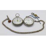 Two silver fob watches with enamel dials and a watch chain