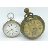 A silver fob watch and a metal pocket watch