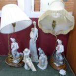 Two clown figural table lamps and three other figures including Nao