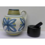 A Rye pottery jug and pestle and mortar