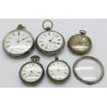 Two silver pocket watches and three silver fob watches,