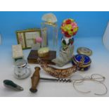 Assorted items including a Regent of London clock, corkscrew, Lalique perfume bottle, etc.