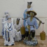 Five Chinese figures including three terracotta